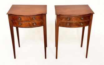 BEDSIDE/LAMP TABLES, a pair, George III design flame mahogany each bowfronted and boxwood strung