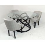 DINING SET, including table, glass top, 130cm x 74c m H and three dining chairs, 76cm H. (4)