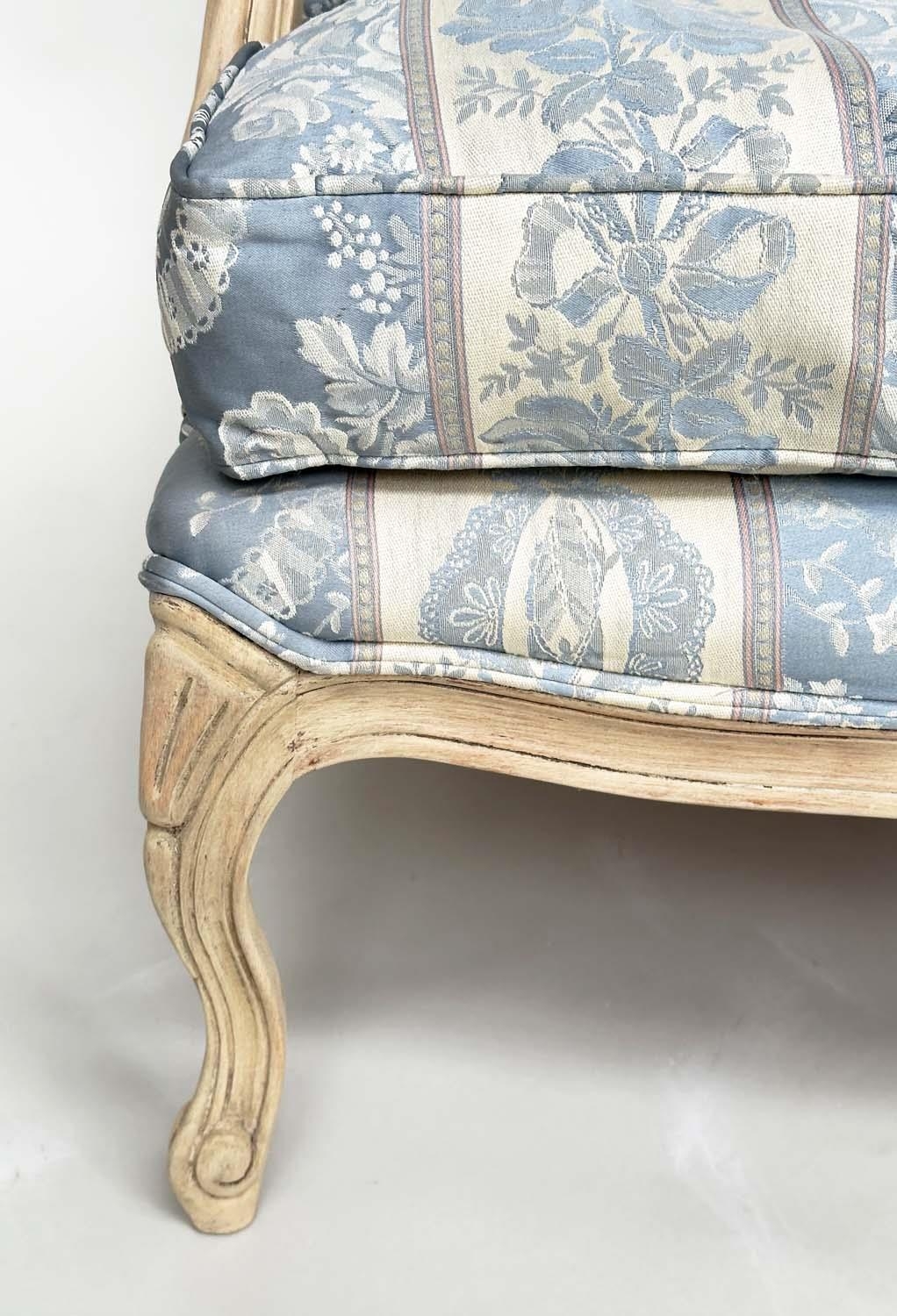 FAUTEUIL, French Louis XV style fruitwood with woven smoke blue and cream upholstery. - Image 4 of 6