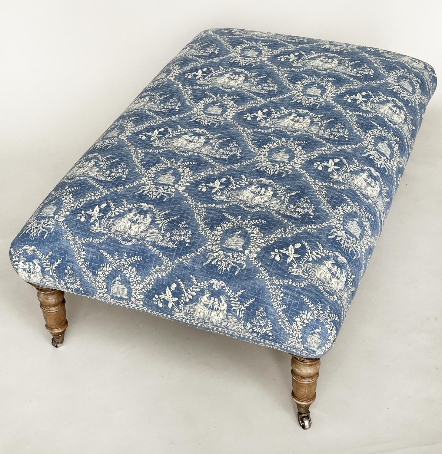 HEARTH STOOL, rectangular Pierre Frey toile de jouy upholstered with limed oak tapering supports, - Image 7 of 11