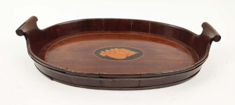 A George III mahogany serving tray, brass bound solid gallery edge, inlaid paterae shell