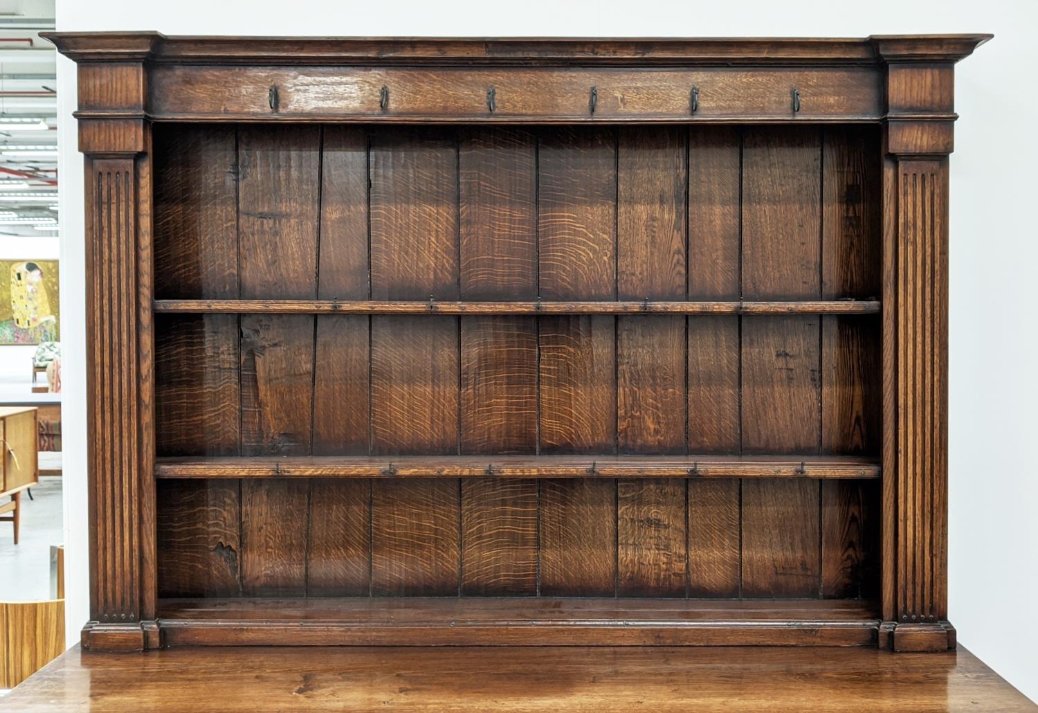 DRESSER, Georgian design oak the plate rack over six drawers and two cupboard doors with square - Image 4 of 11