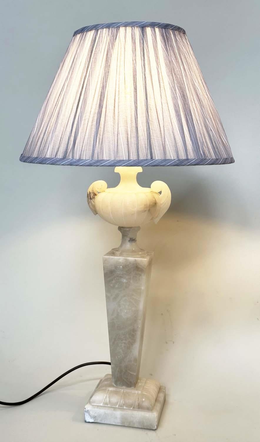 ALABASTER LAMPS, a pair, Italian alabaster each with urn surmount and facetted graduated column, - Image 4 of 8