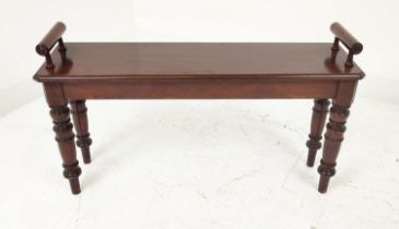 HALL BENCH, Victorian mahogany with bolster ends, 53cm H x 92cm W x 26cm D.