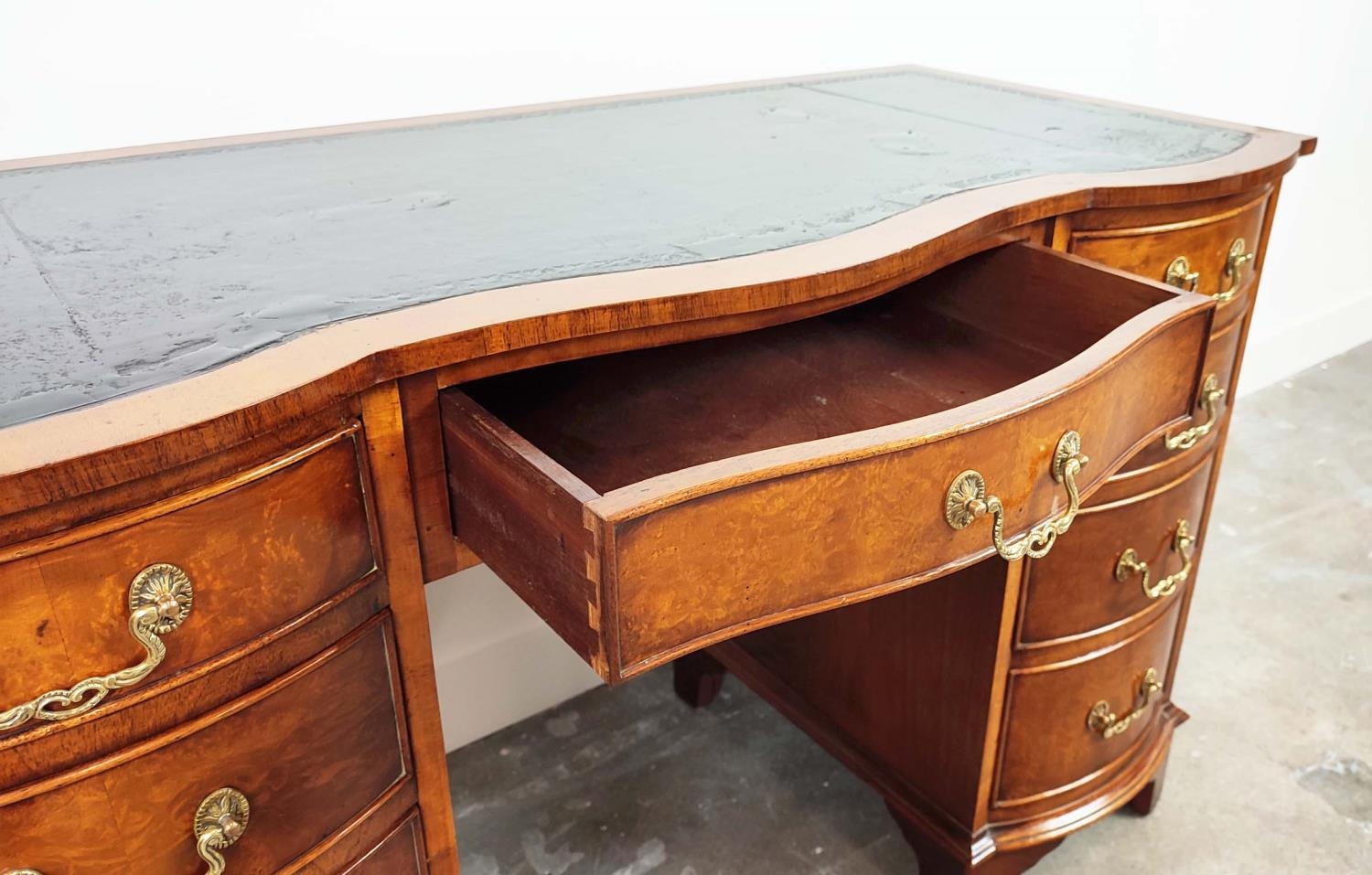 KNEEHOLE DESK, Georgian style, burr walnut with black leather top above nine bowed drawers, 75cm H x - Image 7 of 10