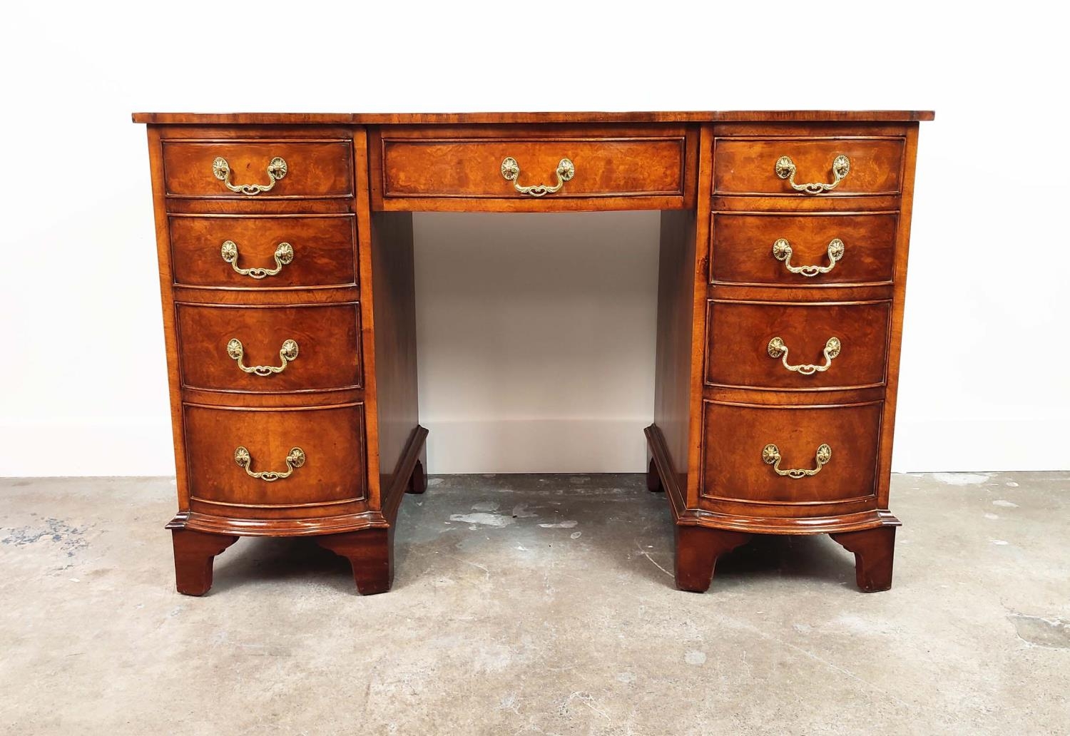 KNEEHOLE DESK, Georgian style, burr walnut with black leather top above nine bowed drawers, 75cm H x - Image 2 of 10