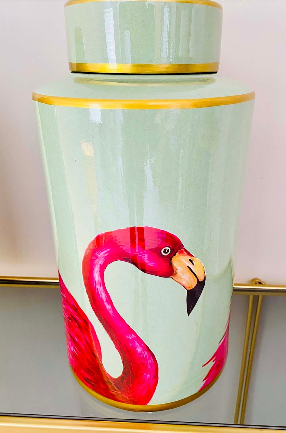 GINGER JARS, a pair, turquoise ceramic decorated with flamingos, 40cm H x 20cm x 20cm. (2) - Image 3 of 3