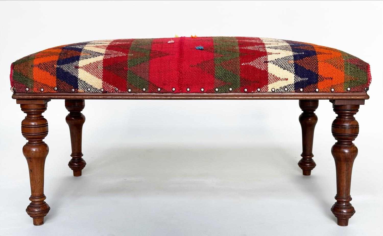 HEARTH STOOL, Victorian walnut rectangular with Persian Qashqai kelim upholstery and well turned - Image 5 of 12