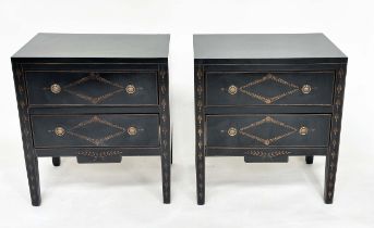 BEDSIDE CHESTS BY JULIAN CHICHESTER, a pair, Regency style lacquered with hand painted gilt