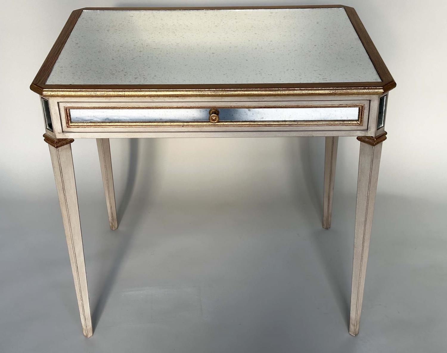 SIDE TABLE, Italian grey painted, parcel gilt and mirror panelled with a single drawer, 83cm x