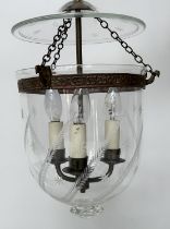 HALL LANTERN, engraved bell jar with triple light pendant and cover.