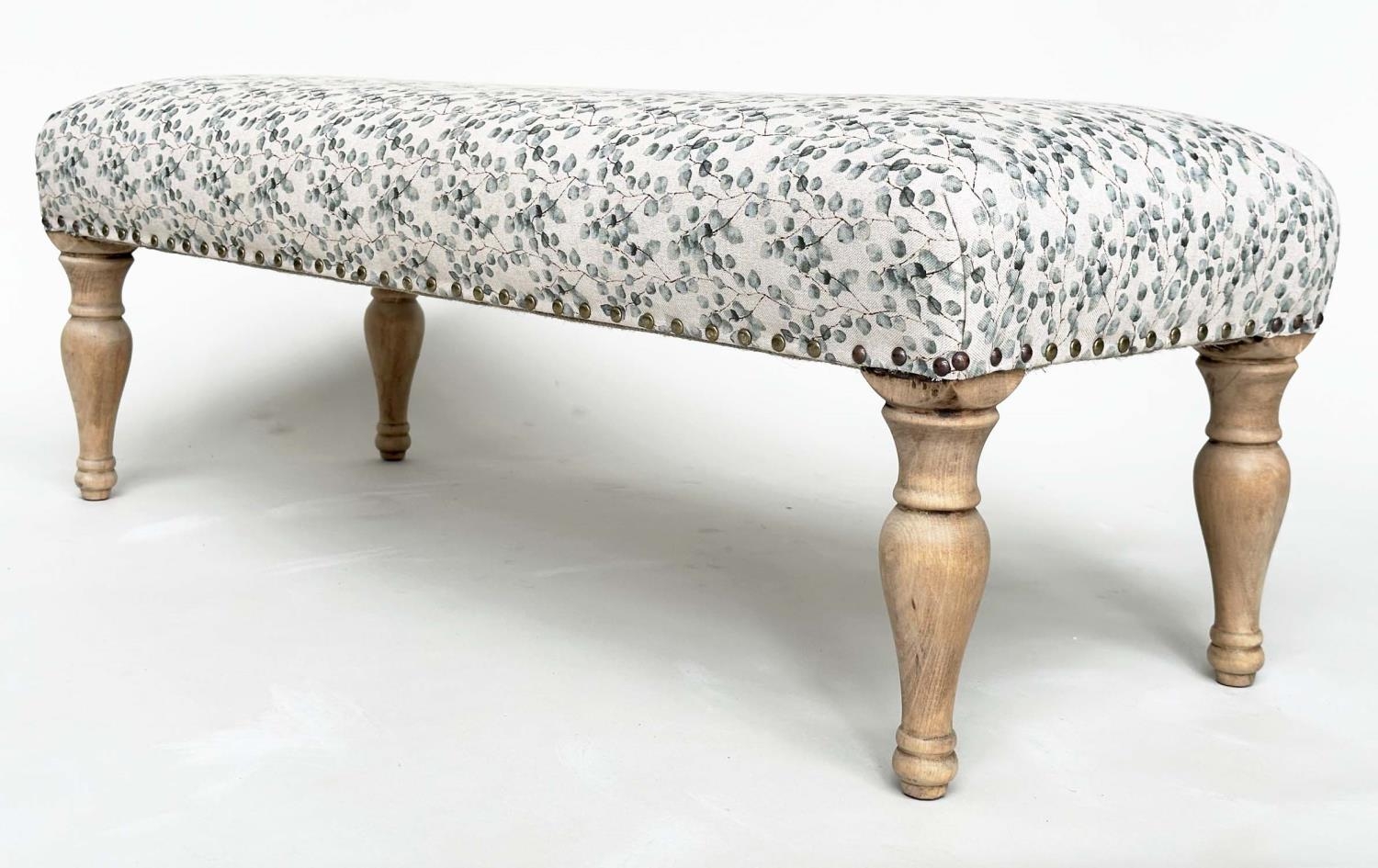 WINDOW SEAT, rectangular with close nailed eucalytus printed cotton upholstery and turned - Image 9 of 10