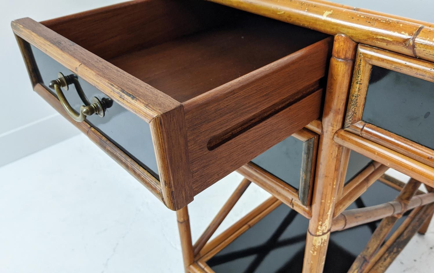 DESK, bamboo and black lacquer with five drawers, 128cm W x 77cm H x 68cm D. - Image 9 of 10