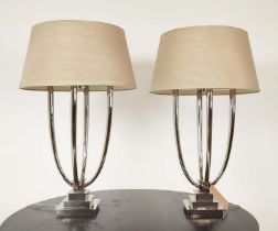 R V ASTLEY TABLE LAMPS, a pair, chrome four branch with stepped bases and shades, 88cm H. (2)