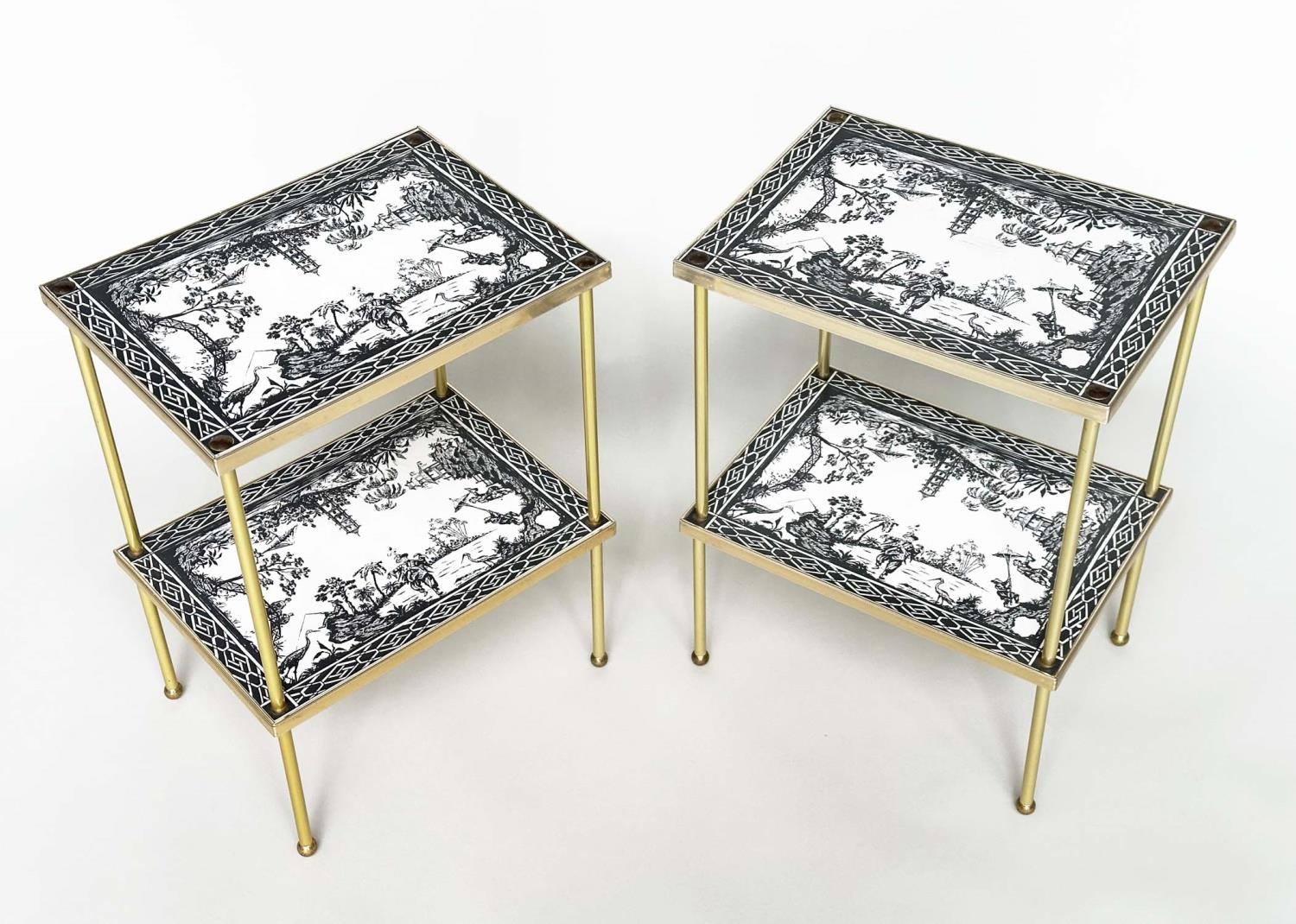 ETAGERES, a pair, Regency style, gilt metal each with two tiers and scenes depicting black and white - Image 5 of 11