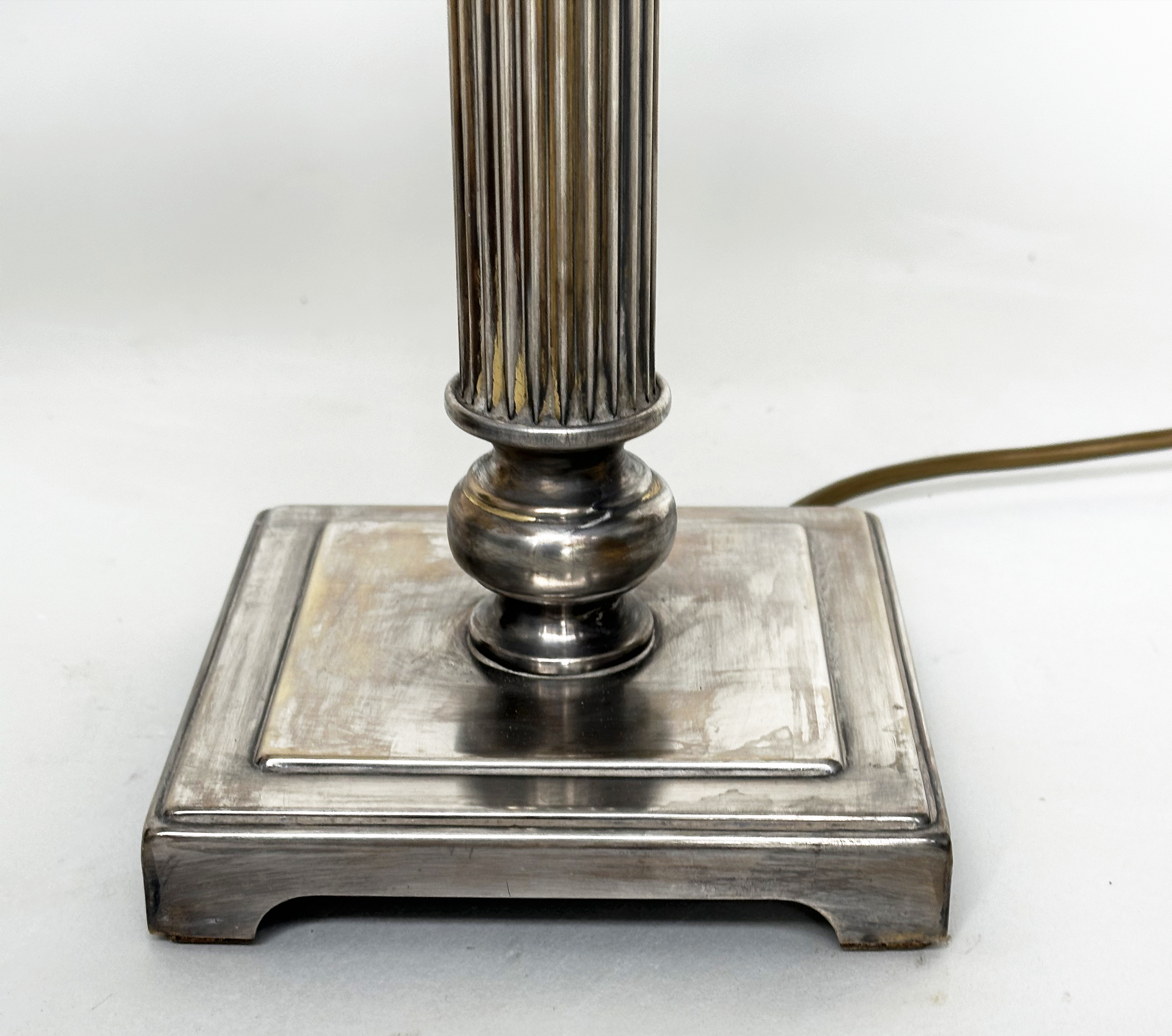 TABLE LAMPS, a pair, silvered metal each with reeded column, and square bases (with shades), 66cm H. - Image 3 of 6