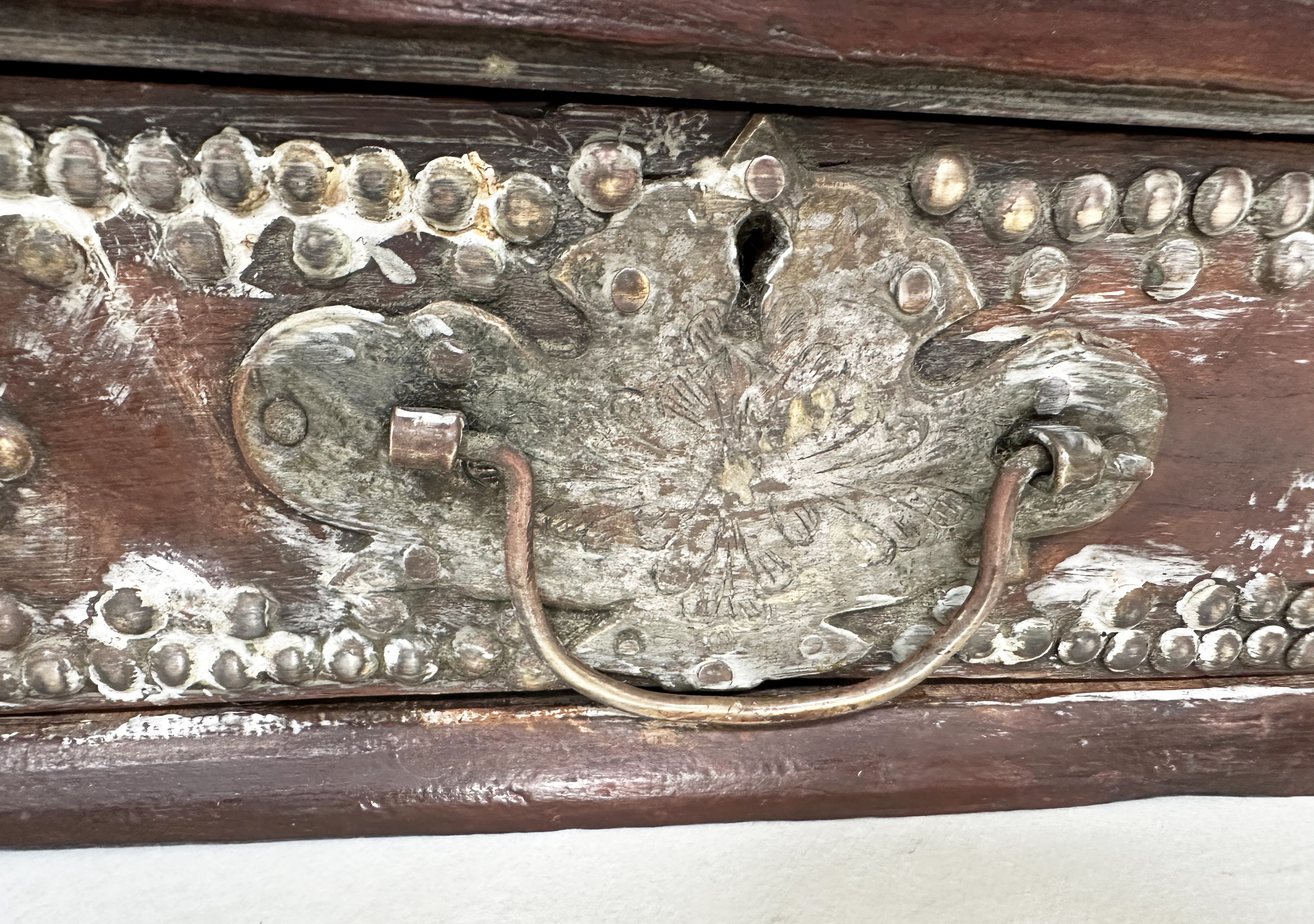 ZANZIBAR CHEST, 19th century North African brass bound and decorated with rising lid and three - Image 8 of 14