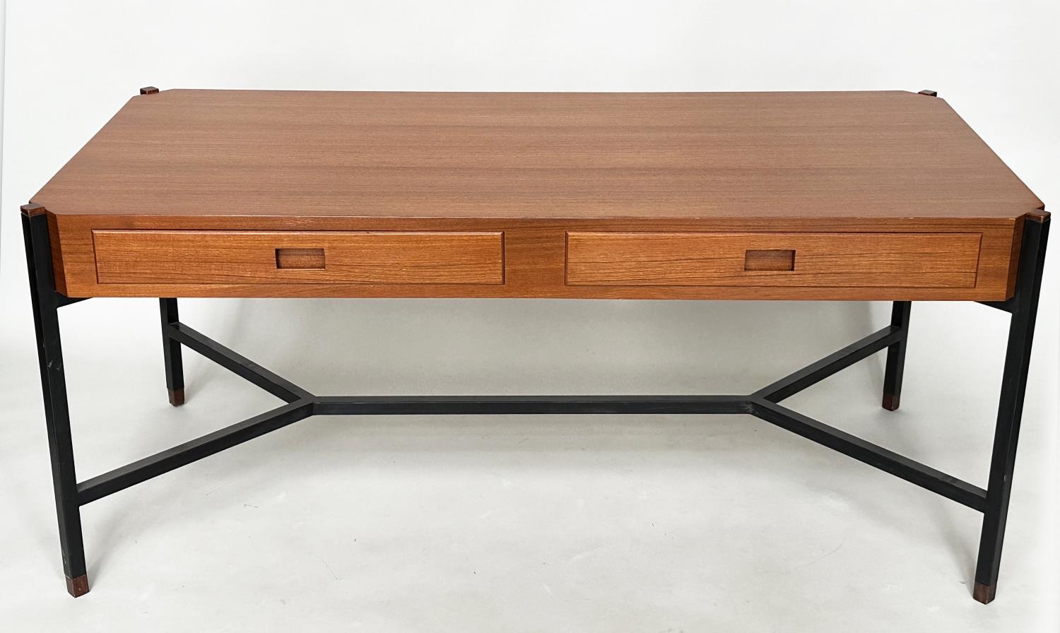 DESK, teak, in the manner of Ico Parisi, with two drawers and stretchered lacquered metal - Image 2 of 9