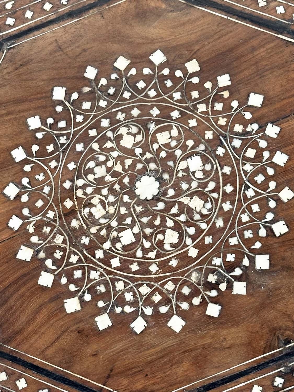 HOSHIARPUR TABLE, 19th century Indian octagonal bone and ebony inlaid, 44cm W x 44cm H. - Image 7 of 9