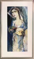 ELDAR KAVSHBAIA (B.1963), 'Girl with guitar', oil on paper 67cm x 31cm, signed and dated framed.