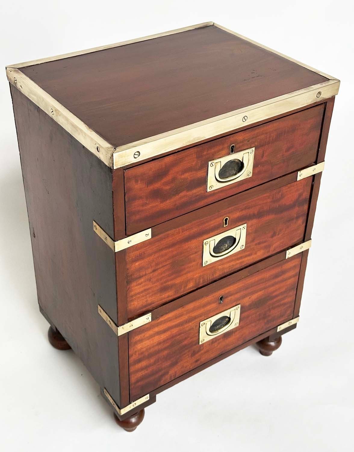 CAMPAIGN CHESTS, a pair, mahogany and brass bound each with three drawers and turned supports, - Image 7 of 10