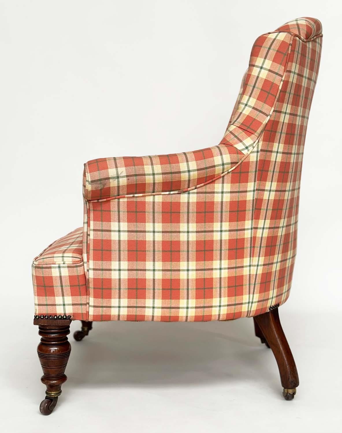 ARMCHAIR, Victorian mahogany line check button upholstery, with scroll arms and turned supports, - Image 2 of 6