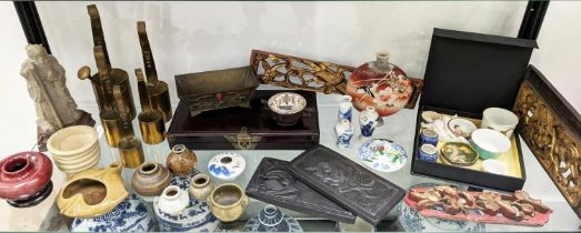 COLLECTION OF CHINESE MINIATURES, gilt carvings, vases, brass measures, scholars ink slate etc. (