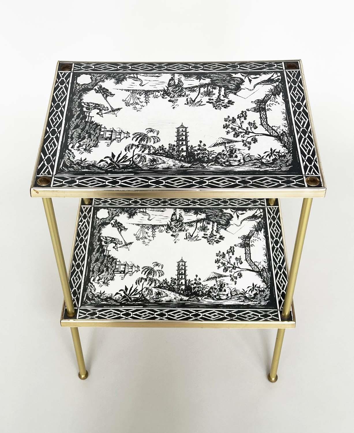 ETAGERES, a pair, Regency style, gilt metal each with two tiers and scenes depicting black and white - Image 6 of 11