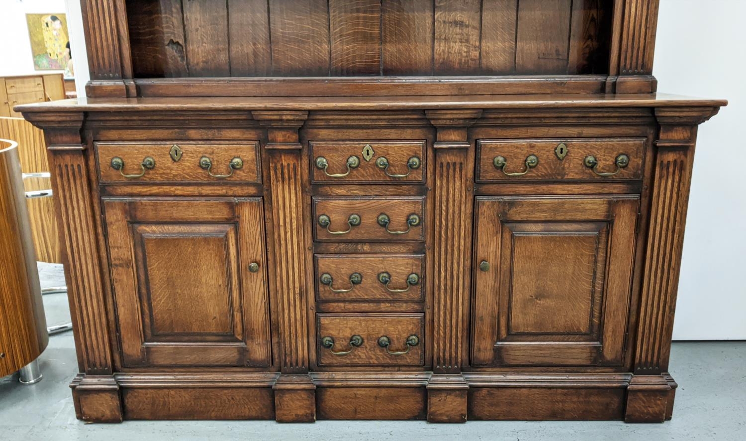 DRESSER, Georgian design oak the plate rack over six drawers and two cupboard doors with square - Image 3 of 11