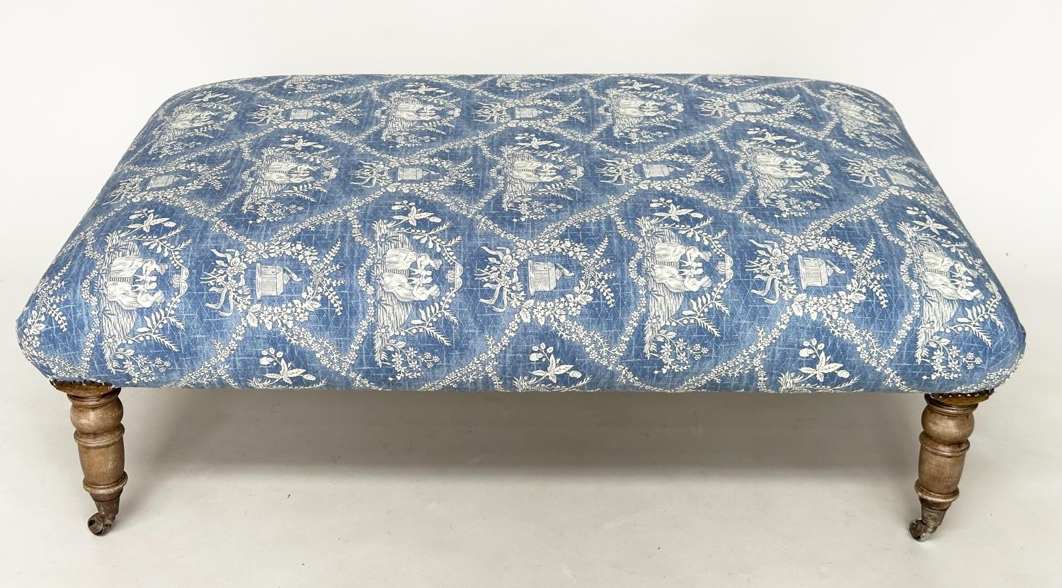 HEARTH STOOL, rectangular Pierre Frey toile de jouy upholstered with limed oak tapering supports, - Image 8 of 11