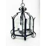 HALL LANTERN, Italian style hexagonal wrought iron and glazed with three branch fitting, 46cm W x