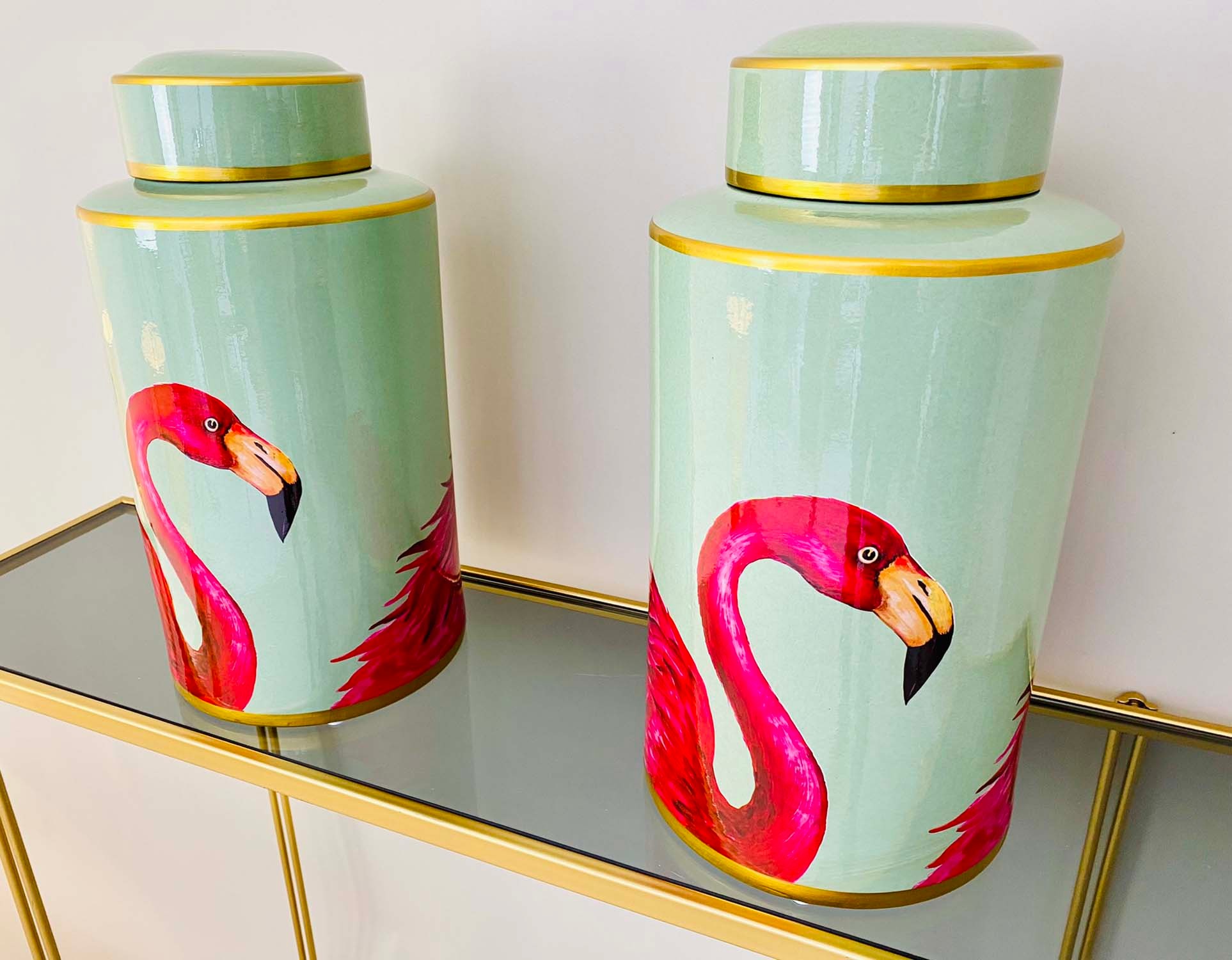 GINGER JARS, a pair, turquoise ceramic decorated with flamingos, 40cm H x 20cm x 20cm. (2)