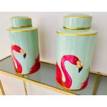 GINGER JARS, a pair, turquoise ceramic decorated with flamingos, 40cm H x 20cm x 20cm. (2)