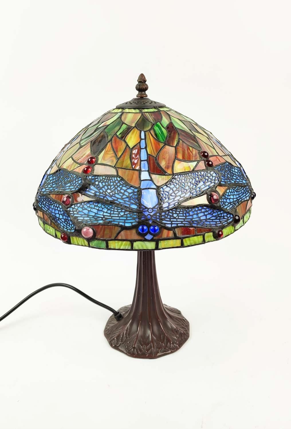 TABLE LAMP, Tiffany style, stained glass shade, bronzed base, 41cm high. - Image 2 of 6