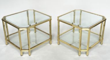 LAMP TABLES, a pair, 1970's gilt metal, square with canted corners and bevelled glass and glazed