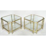 LAMP TABLES, a pair, 1970's gilt metal, square with canted corners and bevelled glass and glazed