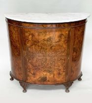 DEMI LUNE PIER CABINET, early 20th century burr walnut with variegated Carrara white marble top