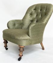 SLIPPER ARMCHAIR, Victorian mahogany with moss green trellis woven fabric upholstery and turned