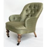 SLIPPER ARMCHAIR, Victorian mahogany with moss green trellis woven fabric upholstery and turned