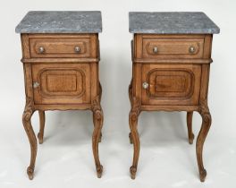 BEDSIDE CABINETS, a pair, 19th century French oak, each with drawer, and panelled door with grey