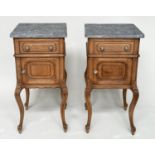 BEDSIDE CABINETS, a pair, 19th century French oak, each with drawer, and panelled door with grey