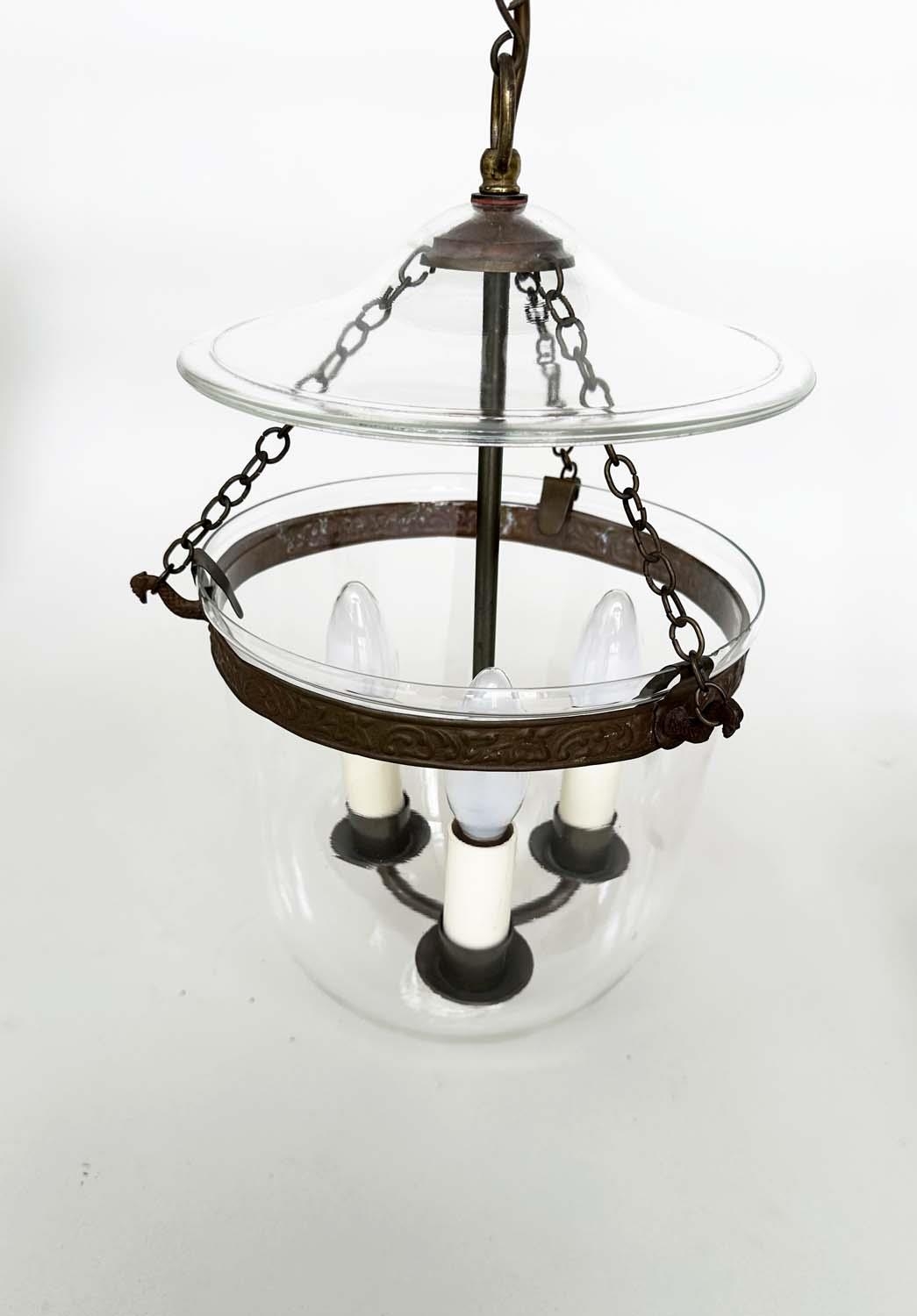 HALL LANTERNS, a pair, glass and bronzed metal each with three lights, 40cm H x 23cm. (2) - Image 3 of 4