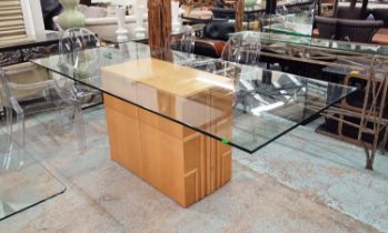 DINING TABLE, glass top, twin pedestal base, 220cm x 100cm x 75.5cm approx.