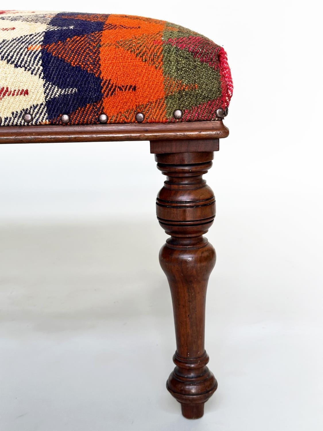 HEARTH STOOL, Victorian walnut rectangular with Persian Qashqai kelim upholstery and well turned - Image 6 of 12