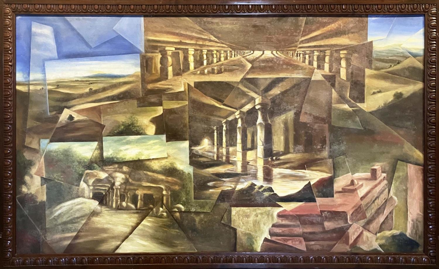 JAYAH BUCKTOWAR 'Cubist Landscape', oil on canvas, 119cm x 212cm, signed verso, framed.