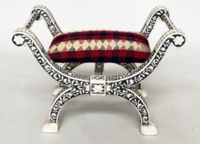 WINDOW SEAT, Moorish style bone star and mosaic inlaid with Kelim upholstered cushion, 72cm W x 37cm