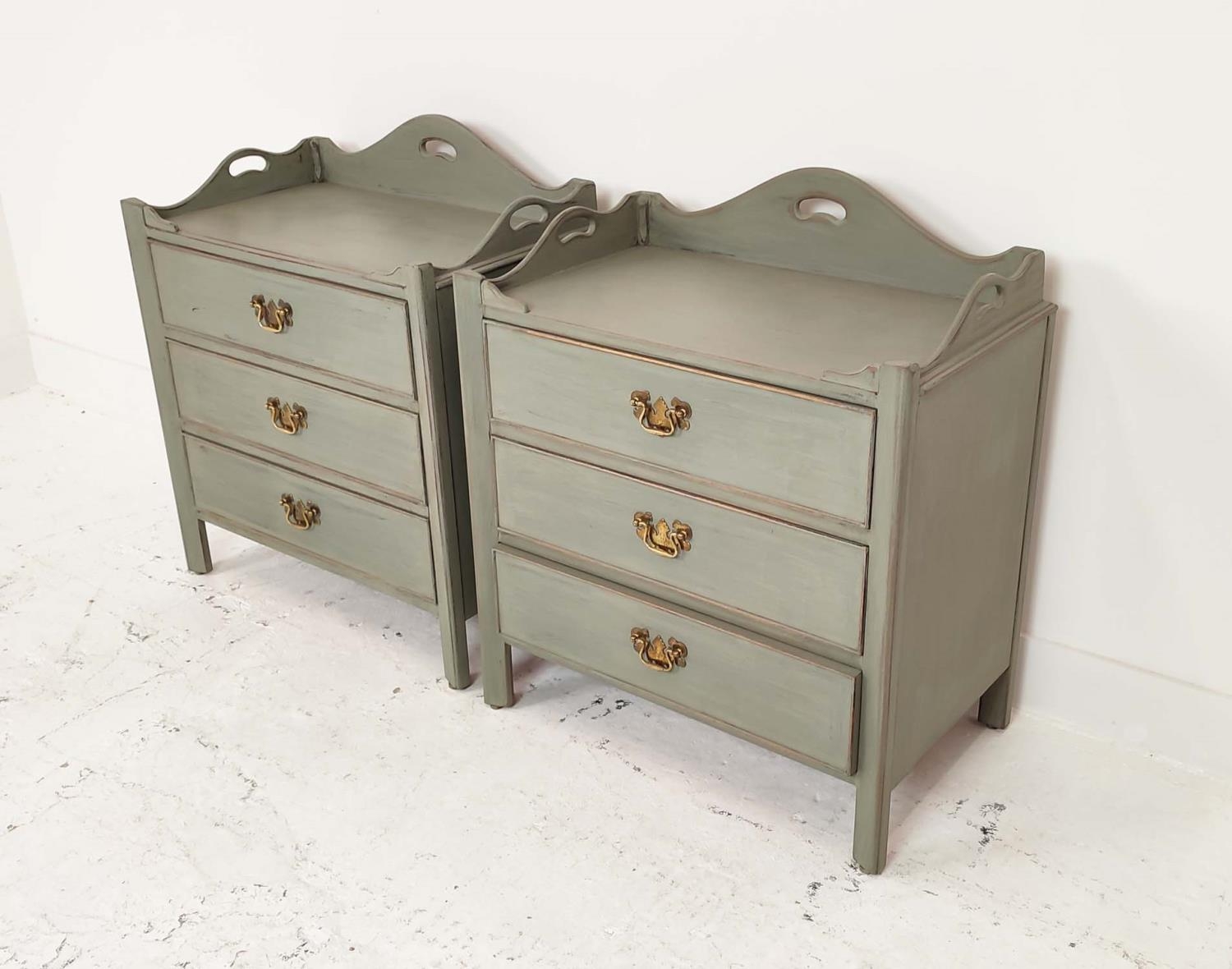 BEDSIDE CHESTS, a pair, grey painted, each with three drawers, labelled William L Maclean, 68cm H - Image 2 of 9