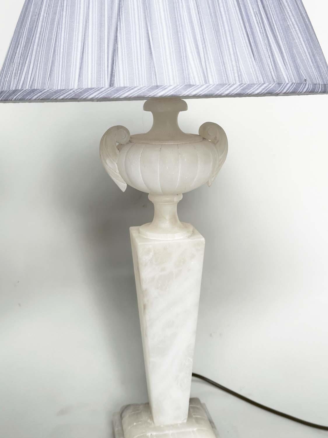 ALABASTER LAMPS, a pair, Italian alabaster each with urn surmount and facetted graduated column, - Image 7 of 8