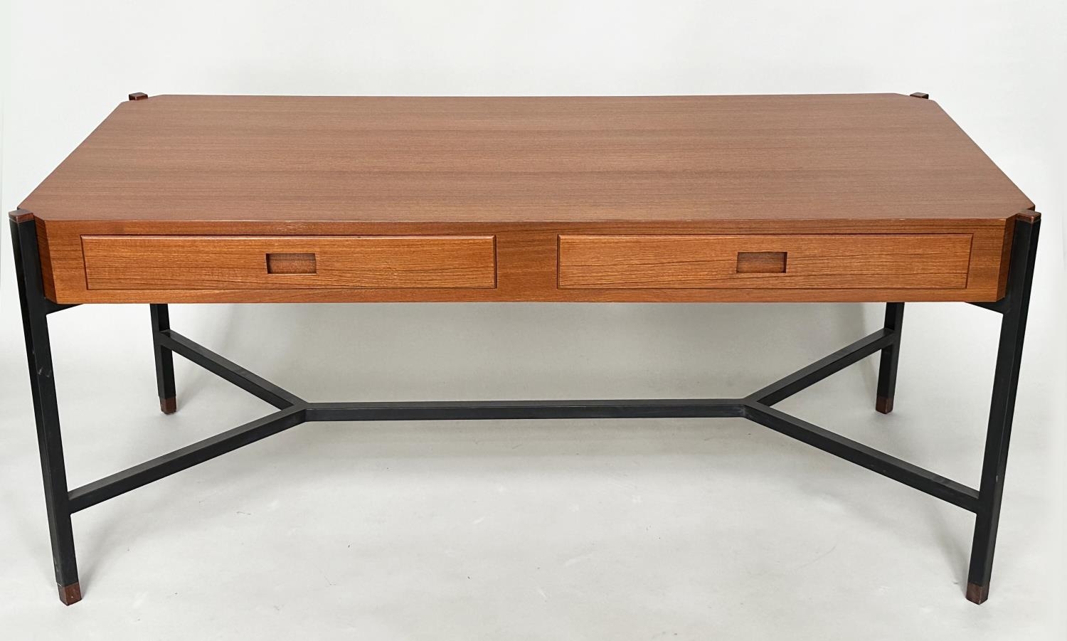 DESK, teak, in the manner of Ico Parisi, with two drawers and stretchered lacquered metal - Image 3 of 9