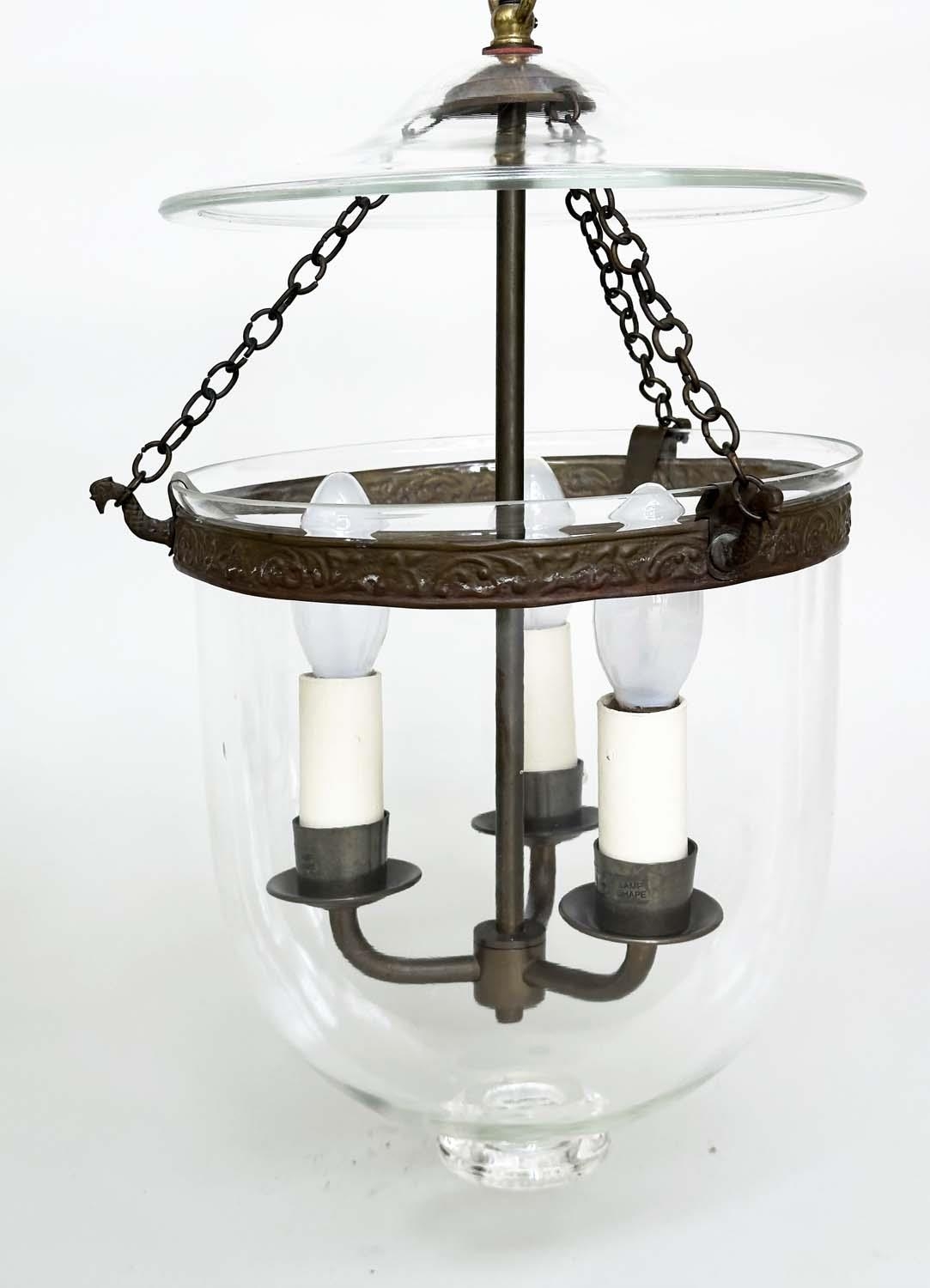 HALL LANTERNS, a pair, glass and bronzed metal each with three lights, 40cm H x 23cm. (2) - Image 4 of 4